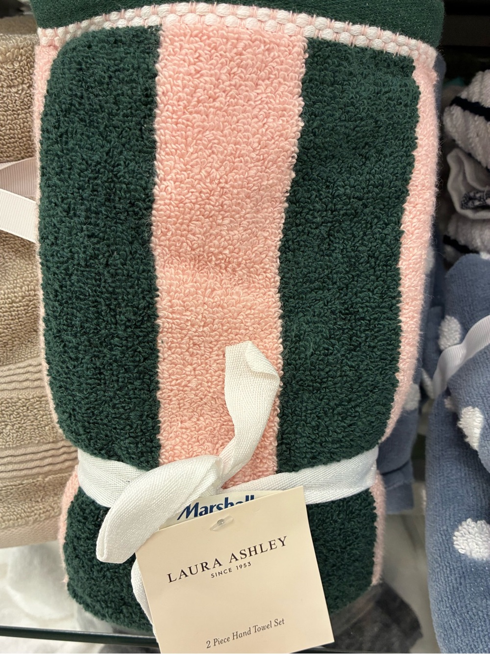 Laura Ashley Pink and Dark Green Striped Hand Towels - 2 Piece Set